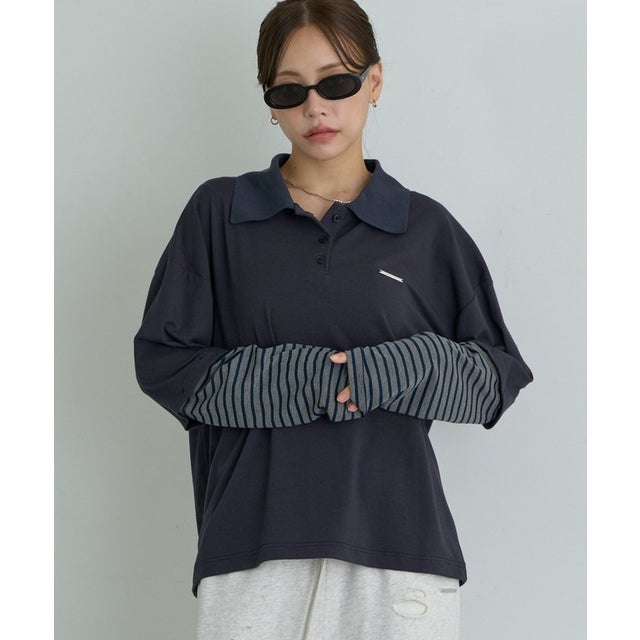 【RAY CASSIN】ルーズレイヤードポロTシャツ / ロンT （navy）
