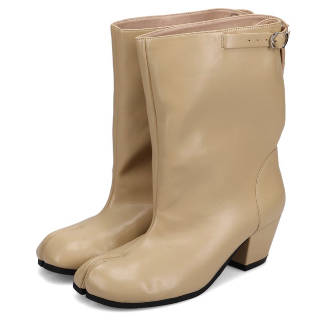 ブーツ ミドルブーツ 足袋ブーツ レディース ローヒール ワイド WIDE BUCKLE TABI BOOTS ブラック ベージュ 黒 25002 （レモンベージュ）