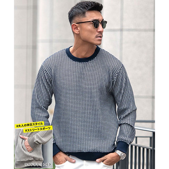 クルーネック長袖ワッフルニット （NAVY(ネイビー)）