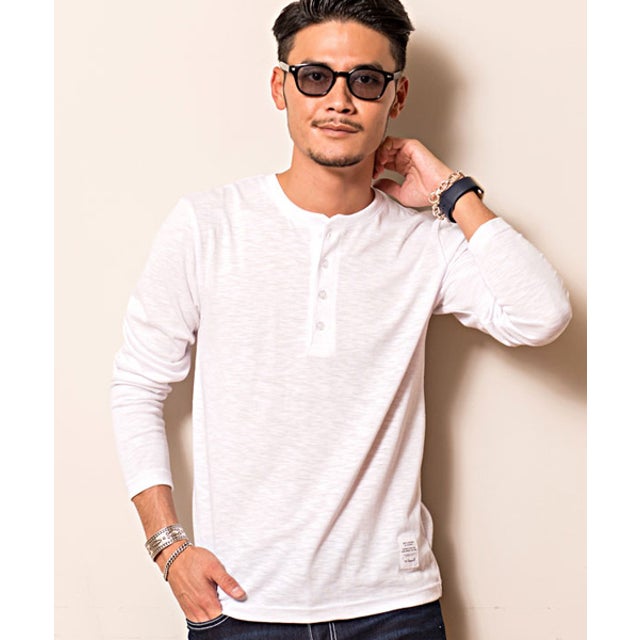 【キャバリア】スラブ無地ヘンリーネック長袖Tシャツ （WHT(ホワイト)）