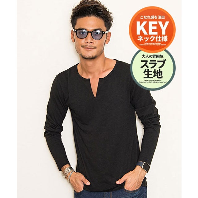 スラブ天竺キーネック長袖Tシャツ メンズ 長袖 無地 ロンt 長袖Tシャツ シンプル トップス ブランド 黒 白 紺 ブラック ホワイト グレー （BLK(ブラック)）