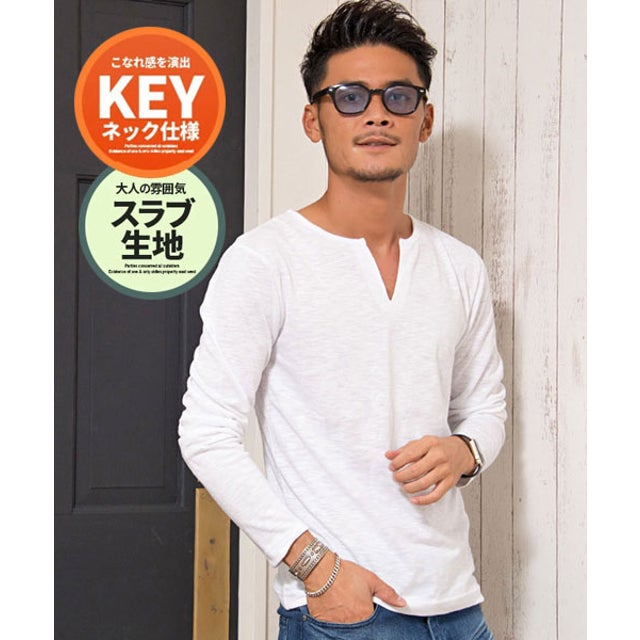 スラブ天竺キーネック長袖Tシャツ メンズ 長袖 無地 ロンt 長袖Tシャツ シンプル トップス ブランド 黒 白 紺 ブラック ホワイト グレー （WHT(ホワイト)）