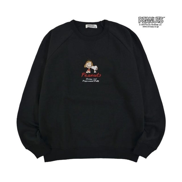 スヌーピー トレーナー ペパーミントパティ 刺繍 長袖 裏起毛 SNOOPY （ブラック）