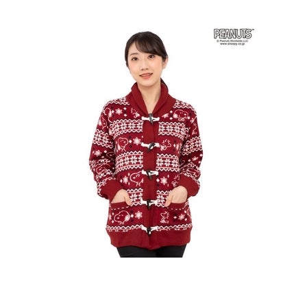 スヌーピー 雪柄  ニット カーディガン ダッフルボタン ポケット付き S M L （ワイン）｜詳細画像