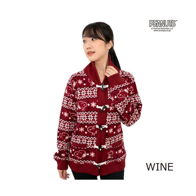 スヌーピー 雪柄  ニット カーディガン ダッフルボタン ポケット付き S M L （ワイン）