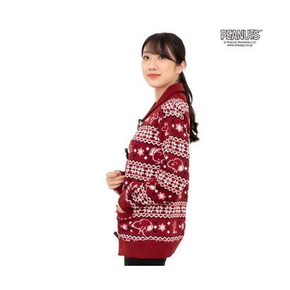 スヌーピー 雪柄  ニット カーディガン ダッフルボタン ポケット付き S M L （ネイビー）｜詳細画像