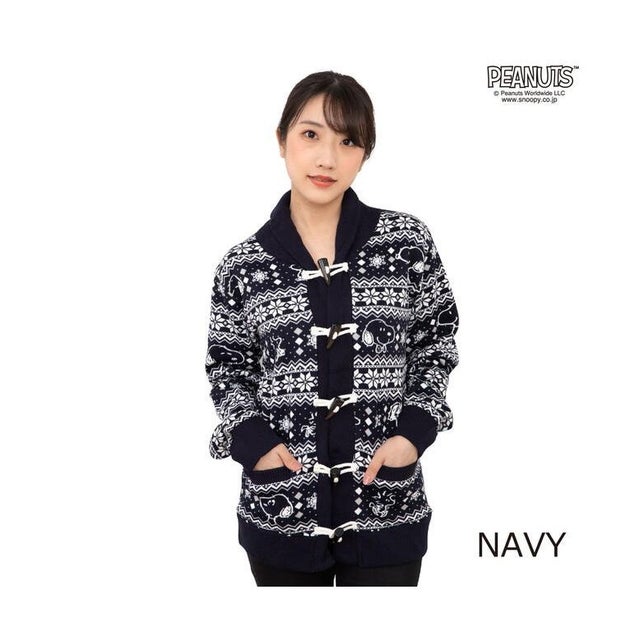 スヌーピー 雪柄  ニット カーディガン ダッフルボタン ポケット付き S M L （ネイビー）