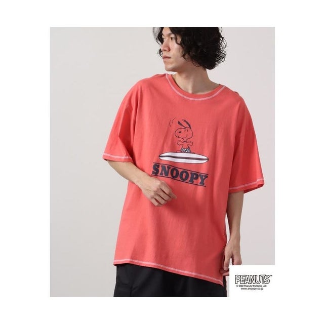 スヌーピー Tシャツ 半袖 サーフ 夏 プリント SNOOPY （ピンクオレンジ）