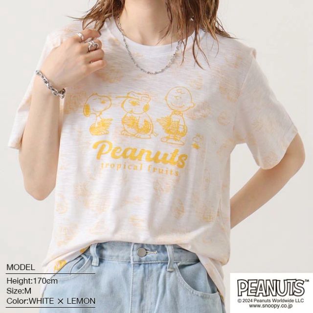 スヌーピー Tシャツ 半袖 スラブ プリント オラフ チャーリーブラウン SNOOPY （レモン）