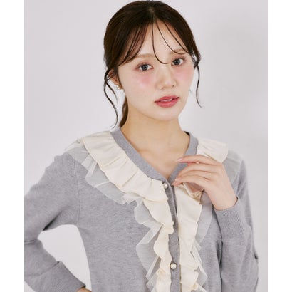 トッコクローゼット tocco closet パール釦ラッフルフリル配色ニットカーディガン｜詳細画像
