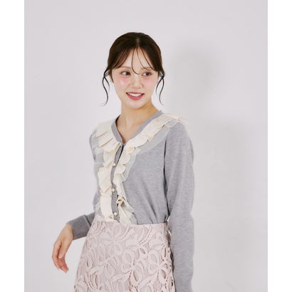 トッコクローゼット tocco closet パール釦ラッフルフリル配色ニットカーディガン｜詳細画像