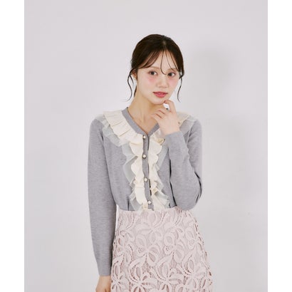 トッコクローゼット tocco closet パール釦ラッフルフリル配色ニットカーディガン｜詳細画像