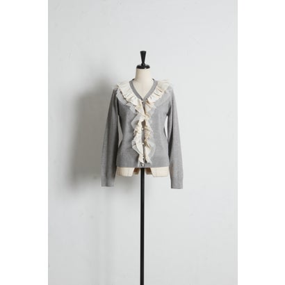 トッコクローゼット tocco closet パール釦ラッフルフリル配色ニットカーディガン｜詳細画像