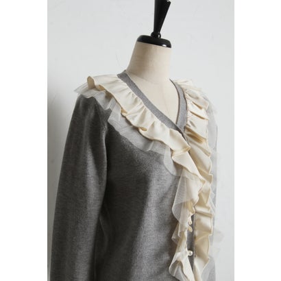 トッコクローゼット tocco closet パール釦ラッフルフリル配色ニットカーディガン｜詳細画像