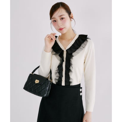 トッコクローゼット tocco closet パール釦ラッフルフリル配色ニットカーディガン｜詳細画像