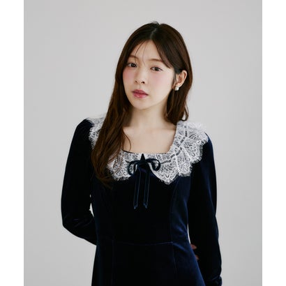 トッコクローゼット tocco closet リボン付きレースネックベロアワンピース｜詳細画像