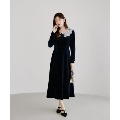 トッコクローゼット tocco closet リボン付きレースネックベロアワンピース｜詳細画像
