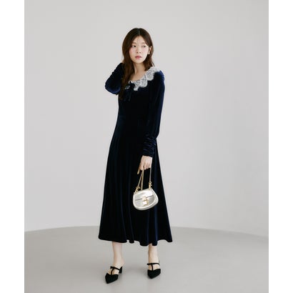 トッコクローゼット tocco closet リボン付きレースネックベロアワンピース｜詳細画像