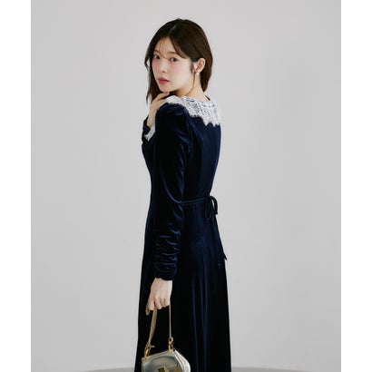 トッコクローゼット tocco closet リボン付きレースネックベロアワンピース｜詳細画像