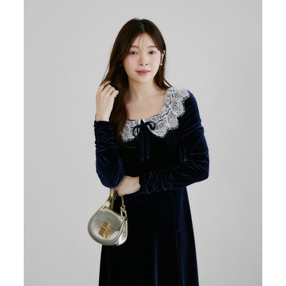 トッコクローゼット tocco closet リボン付きレースネックベロアワンピース｜詳細画像