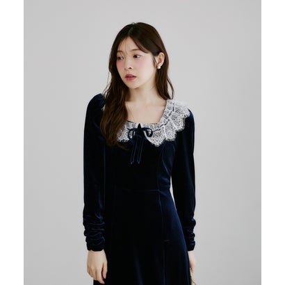 トッコクローゼット tocco closet リボン付きレースネックベロアワンピース｜詳細画像
