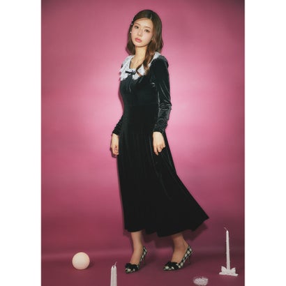 トッコクローゼット tocco closet リボン付きレースネックベロアワンピース｜詳細画像