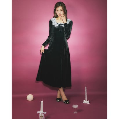 トッコクローゼット tocco closet リボン付きレースネックベロアワンピース｜詳細画像