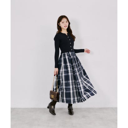 トッコクローゼット tocco closet チェックタフタドッキングリブニットワンピース｜詳細画像
