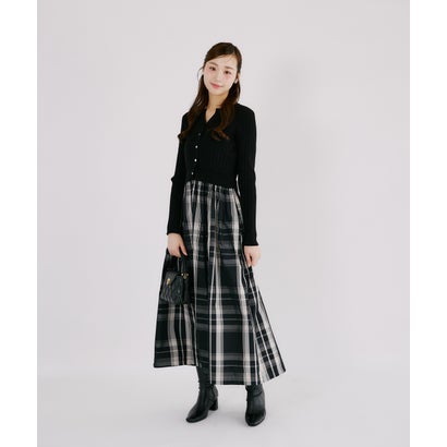 トッコクローゼット tocco closet チェックタフタドッキングリブニットワンピース｜詳細画像