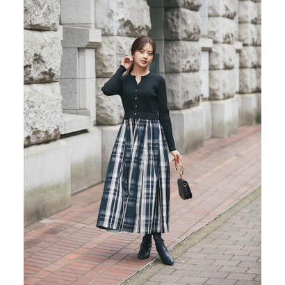 トッコクローゼット tocco closet チェックタフタドッキングリブニットワンピース｜詳細画像