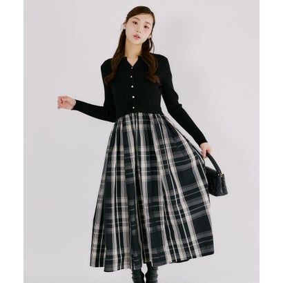 トッコクローゼット tocco closet チェックタフタドッキングリブニットワンピース｜詳細画像