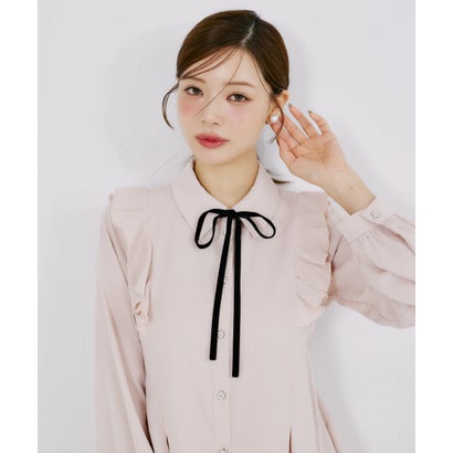 トッコクローゼット tocco closet ベロアリボン付きフラワービジュー釦タックチュニックブラウス｜詳細画像