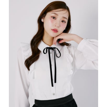 トッコクローゼット tocco closet ベロアリボン付きフラワービジュー釦タックチュニックブラウス｜詳細画像
