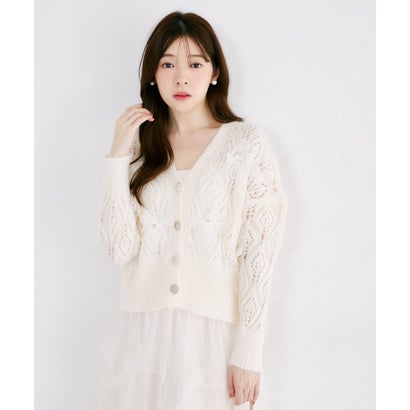 トッコクローゼット tocco closet ビジュー×シアーリボン付き透かし編みニットカーディガン｜詳細画像
