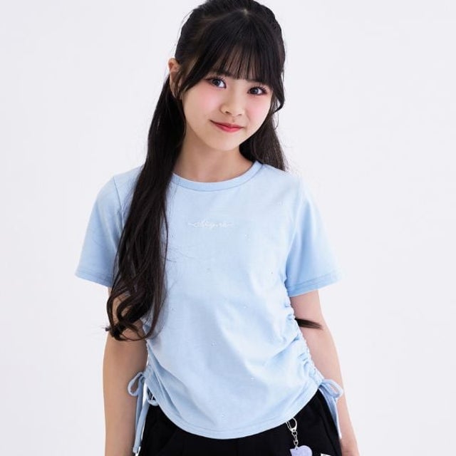 ラインストーン脇ドロストTシャツ （サックス）