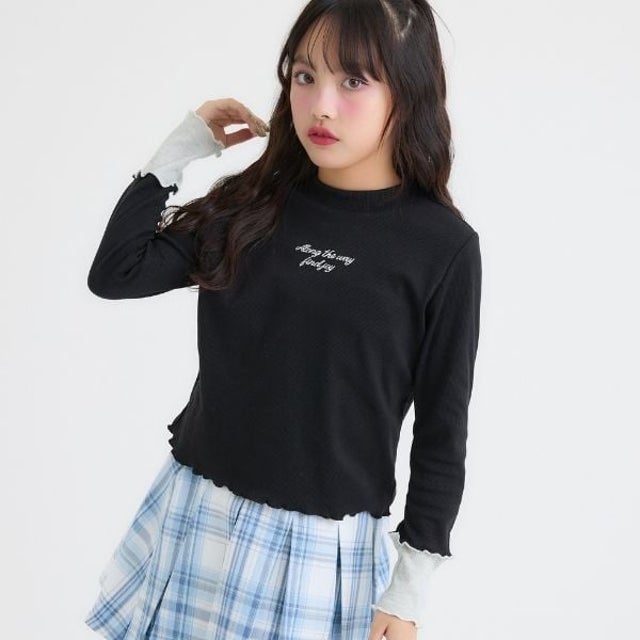 袖配色メローテレコロンT （黒）