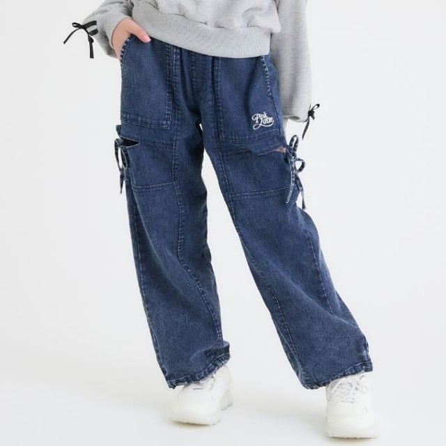 リボンスリットデニムロングパンツ （紺）