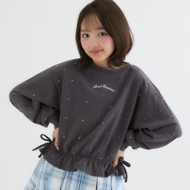 裾フリルリボンラインストーントレーナー （チャコール）