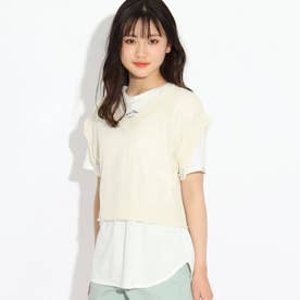 【洗える】メッシュニットベスト+ロゴTシャツ　セット (オフホワイト)