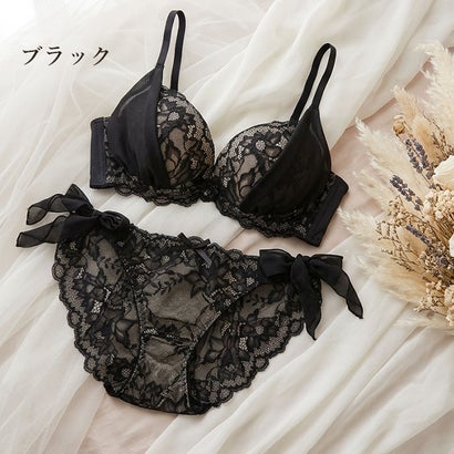 ブラ＆ショーツセット 脇高 脇高ブラ ブラジャー ショーツ セット レディース インナー 下着 大きいサイズ ブラ ブラショーツ ブラ＆ショーツ レース （ブラック）｜詳細画像