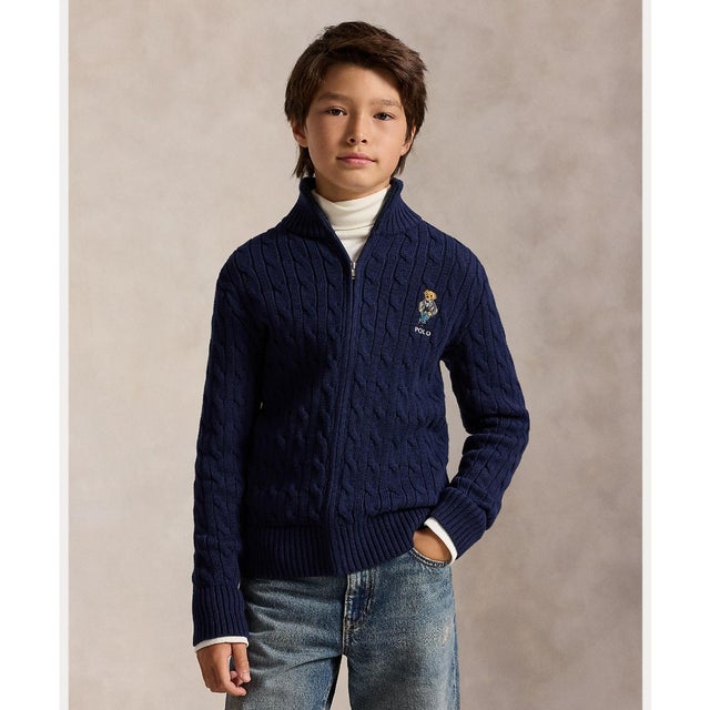 (ボーイズ 8才～20才)Polo ベア ケーブル コットン フルジップ セーター （410ネイビー）