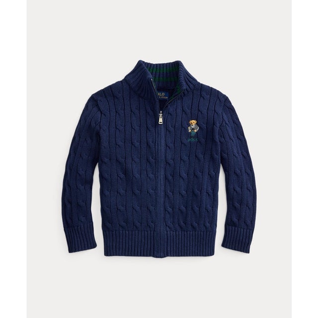 (ボーイズ 2才～7才)Polo ベア ケーブル コットン フルジップ セーター （410ネイビー）