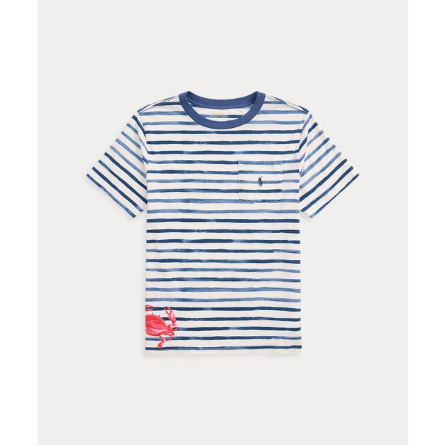 
                    (ボーイズ 8才～20才)ストライプド クラブプリント コットン ポケット Tシャツ 400ブルー
