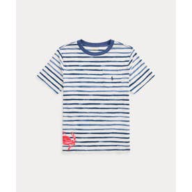 (ボーイズ 8才～20才)ストライプド クラブプリント コットン ポケット Tシャツ 400ブルー