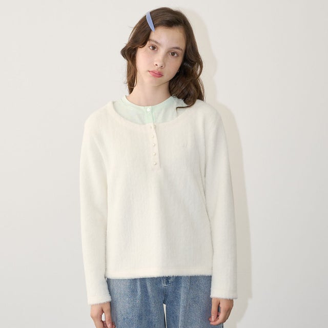 【AMI】ヘンリーネックシャギープルオーバー×Tシャツセット （オフ ホワイト）