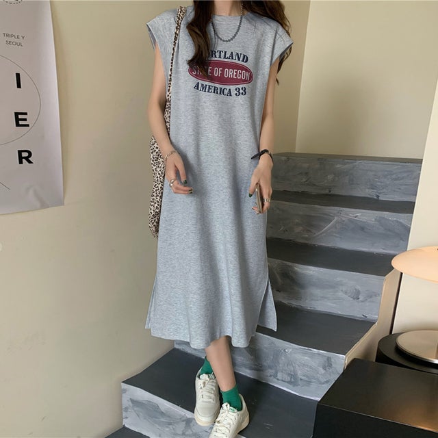 ロゴプリントフレンチスリーブTシャツワンピース （ライトグレー）