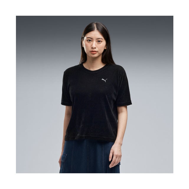 ウィメンズ ESS エレベーテッド ベロア メッシュ 半袖 Tシャツ ESS ELEVATED VELOUR SS TEE （Black）