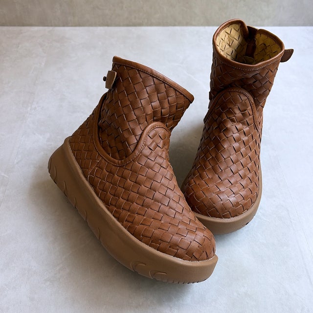 厚底 編み込みデザイン ショートブーツ （キャメル）