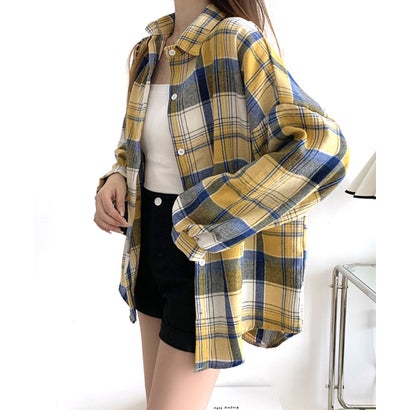 チェックシャツ ゆるシャツ 羽織り オーバーサイズ 大きいサイズ ビッグサイズ ブラウス トップス 長袖 柄 （イエロー×ネイビー）｜詳細画像