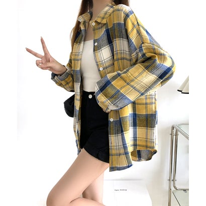 チェックシャツ ゆるシャツ 羽織り オーバーサイズ 大きいサイズ ビッグサイズ ブラウス トップス 長袖 柄 （イエロー×ネイビー）｜詳細画像